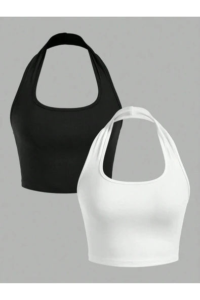 2'Li Paket Kare Yaka Siyah ve Beyaz Renk Boyun Askılı Crop Top Bluz ürün görseli 1