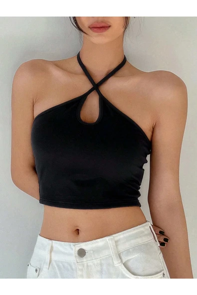 Kadın Halter Yaka Siyah Renk Bağlamalı Crop Top Bluz ürün görseli 1