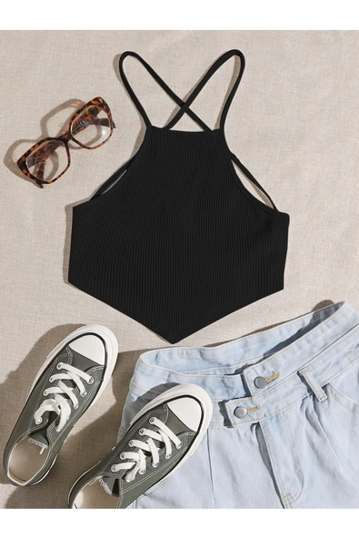 Halter Yaka Sırtı Açık Çapraz Askılı Bağcıklı Siyah Renk Fitilli Crop Top Bluz ürün görseli 1