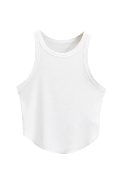 Kadın Oval Etekli Beyaz Renk Bisiklet Yaka Crop Top Bluz ürün görseli 1