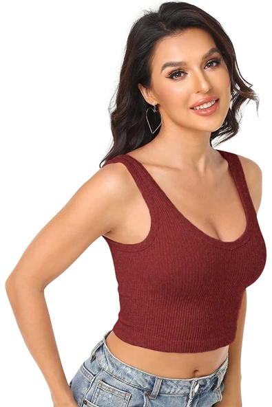 Kadın U Yaka Melanj Bordo Renk Crop Top Bluz Atlet ürün görseli 1
