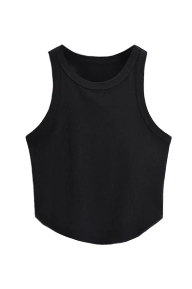 Kadın Oval Etekli Siyah Renk Bisiklet Yaka Crop Top Bluz ürün görseli 1