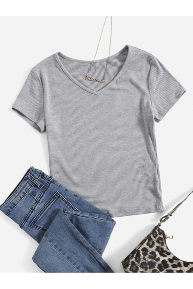 V Yaka Gri Renk Fitilli Kısa Kollu Slim Fit Crop Top Bluz ürün görseli 1