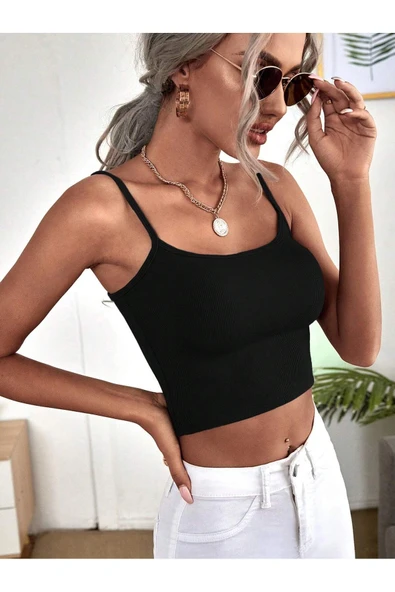 U Yaka Siyah Renk Desensiz Askılı Omzu Açık Fitilli Likralı Fit Crop Top Bluz ürün görseli 1