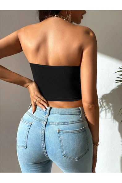 Kadın Siyah Straplez Crop Top Bluz - Resim 4