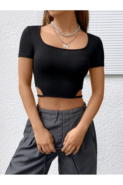 Balerin Yaka Siyah Renk Fitilli Kısa Kollu Slim Fit Crop Top Bluz ürün görseli 1
