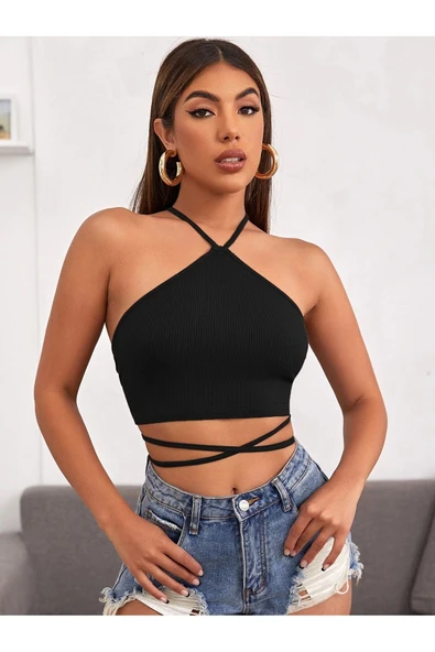 Halter Yaka Çapraz Askılı Siyah Renk Fitilli Crop Top Bluz ürün görseli 1