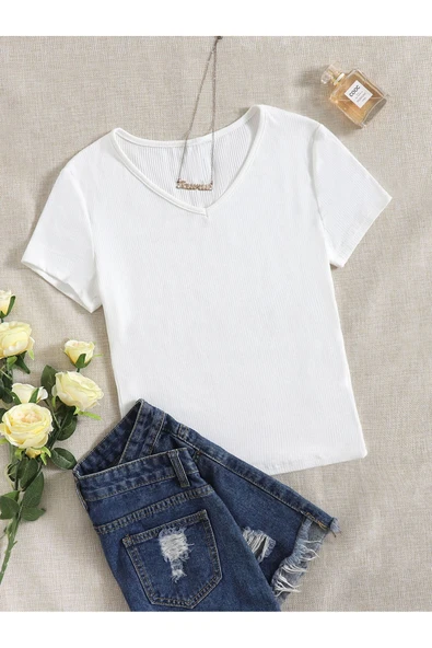 V Yaka Beyaz Renk Fitilli Kısa Kollu Slim Fit Crop Top Bluz ürün görseli 1