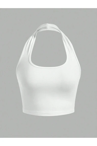 U Yaka Boyundan Askılı Beyaz Renk Omzu Sırtı Açık Kolsuz Likralı Fit Crop Top Bluz ürün görseli 1