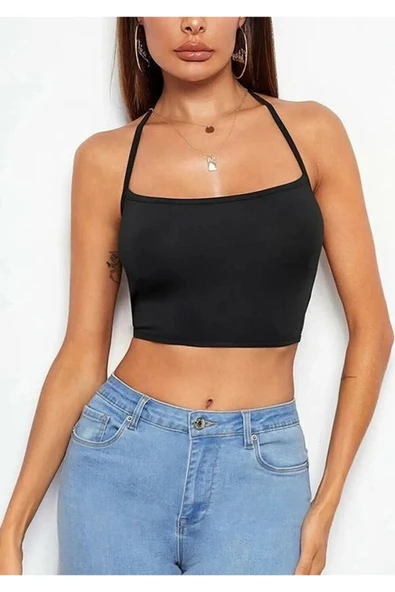 Kadın Düz Yaka Sırt Açık Siyah Super Crop Top Bluz ürün görseli 1