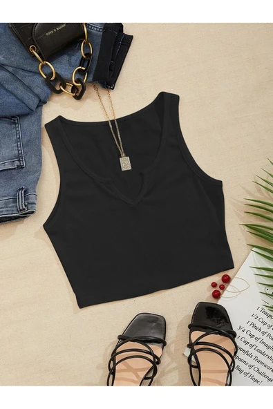 V Yaka Siyah Renk Fitilli Crop Top Bluz ürün görseli 1