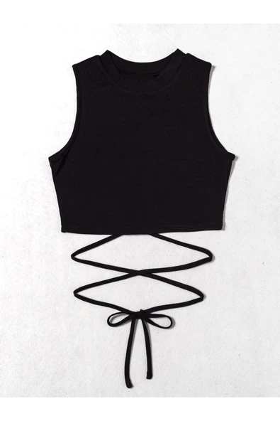 Siyah Renk Bisiklet Yaka Düz Desensiz Likralı İpli Fitilli Kaşkorse Crop Top Bluz ürün görseli 1