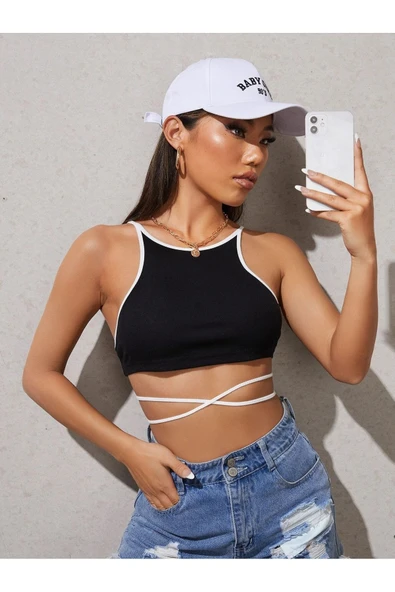 Askılı Halter Yaka İpli Siyah Renk Fitilli Crop Top Bluz ürün görseli 1