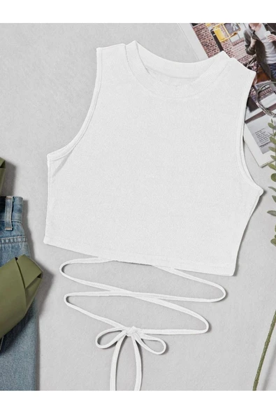 Beyaz Renk Bisiklet Yaka Düz Desensiz Likralı İpli Fitilli Kaşkorse Crop Top Bluz ürün görseli 1