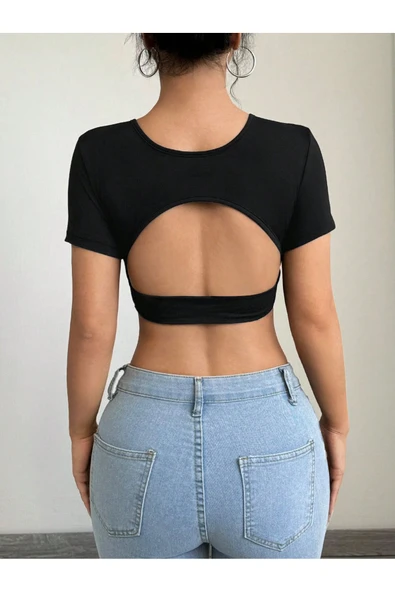 Bisiklet Yaka Siyah Renk Desensiz Sırtı Açık Fitilli Kısa Kol Likralı Fit Crop Top Bluz ürün görseli 1