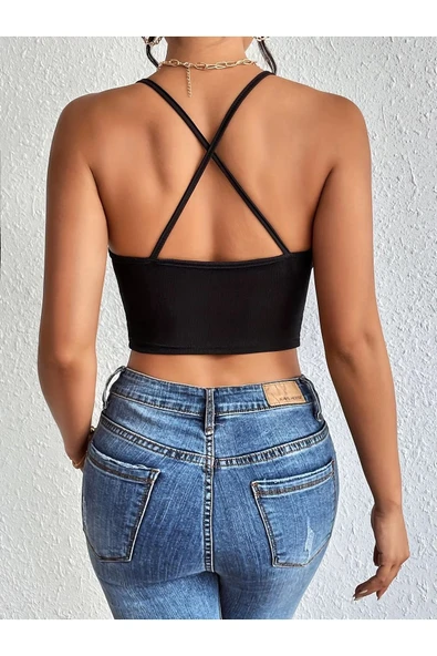 Siyah Renk U Yaka Düz Desensiz Likralı İnce Askılı Fitilli Kaşkorse Fit Crop Top Bluz ürün görseli 1