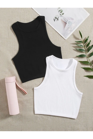 2 Li Paket Bisiklet Yaka Siyah Beyaz Renk Fitilli Kolsuz Fit Crop Top Bluz ürün görseli 1