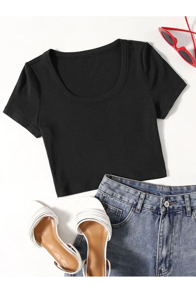 U Yaka Siyah Renk Fitilli Kısa Kollu Regular Crop Top Bluz ürün görseli 1