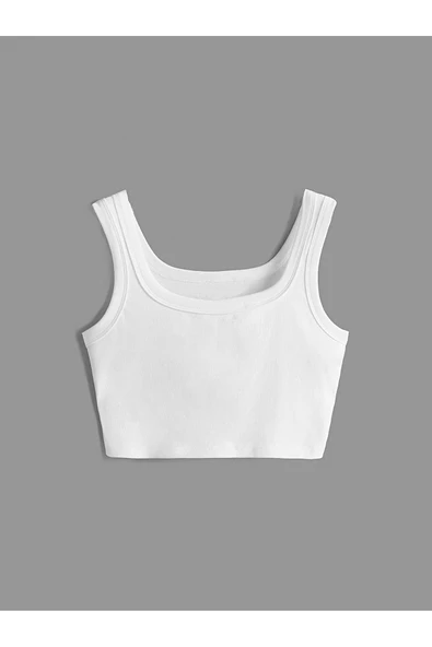 U Yaka Askılı Beyaz Renk Fitilli Crop Top Büstiyer ürün görseli 1