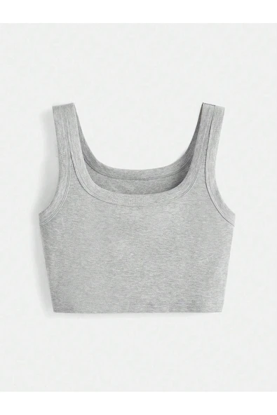 U Yaka Askılı Gri Renk Fitilli Crop Top Büstiyer ürün görseli 1