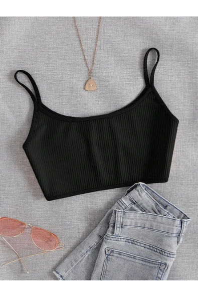 Bisiklet Yaka Askılı Siyah Renk Fitilli Crop Top Büstiyer ürün görseli 1