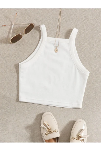 Düz Yaka Askılı Beyaz Fitilli Crop Top Büstiyer ürün görseli 1
