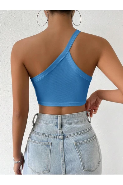 Asimetrik Yaka Mavi Renk Desensiz Fitilli Kolsuz Tek Omuz Askılı Likralı Fit Crop Büstiyer ürün görseli 1