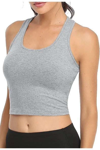 Kadın Gri Melanj U Yaka Yüzücü Sırtlı Crop Top Büstiyer ürün görseli 1