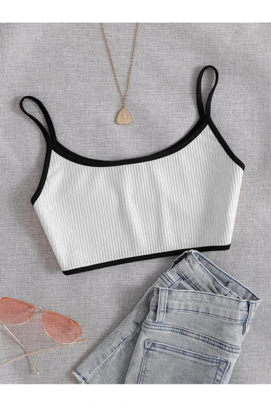 Bisiklet Yaka Askılı Beyaz Renk Fitilli Crop Top Büstiyer ürün görseli 1