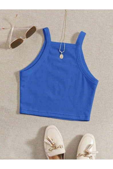 Düz Yaka Askılı Mavi Renk Fitilli Crop Top Büstiyer ürün görseli 1