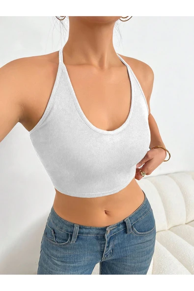 U Yaka Boyun Askılı Beyaz Renk Fitilli Crop Top Büstiyer ürün görseli 1