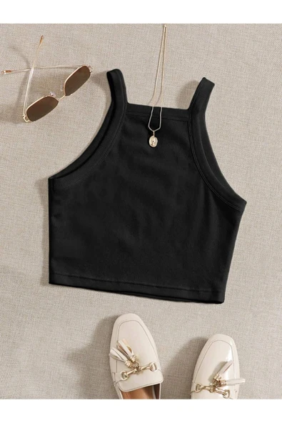 Düz Yaka Askılı Siyah Renk Fitilli Crop Top Büstiyer ürün görseli 1