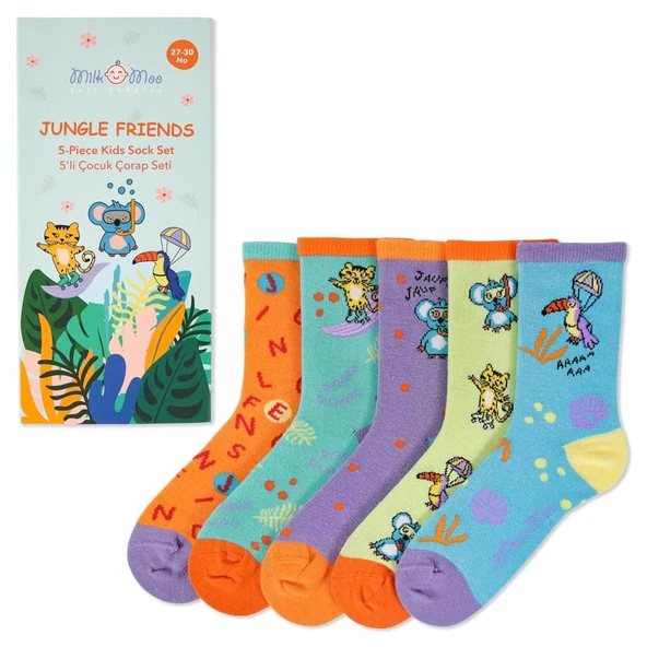 Milk&Moo Jungle Friends Çocuk Çorap Seti 5'li, Beden 27-30, Yumuşak ve Dayanıklı Kumaş ürün görseli 1