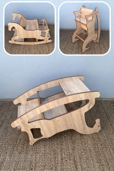 Reyo 3in1 Montessori Sallanan At, Mama Sandalyesi, MDF Çocuk Aktivite Masası ürün görseli 1