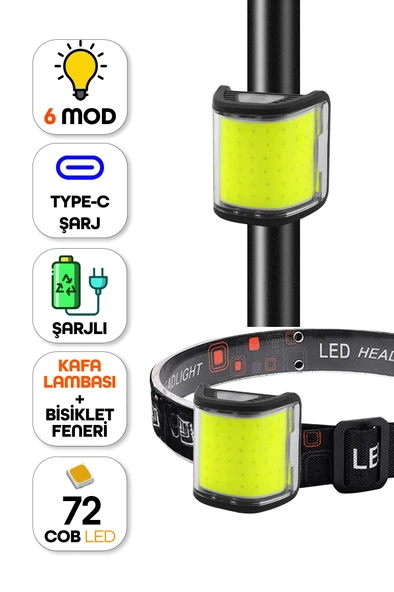 2 si 1 Arada 72LED Şarjlı Bisiklet Feneri Çakarlı Kafa Lambası Çift Özellikli Güçlü Işık 6 Mod 6053 ürün görseli 1
