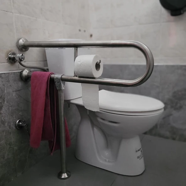 YENİ ENGELLİ TUTUNMA BARI TUVALET KAĞITLIKLI BANYO WC PASLANMAZ MAT SATİNE YÜZEYLİ SABİT AYARLANABİLİR AYAKLI ürün görseli 1