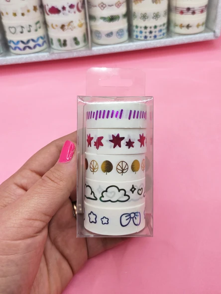 Renkli Yaldızlı Vintage Washi Tape Bant Yapışkanlı Maskeleme Kağıdı 5 lı - Kurdele ürün görseli 1