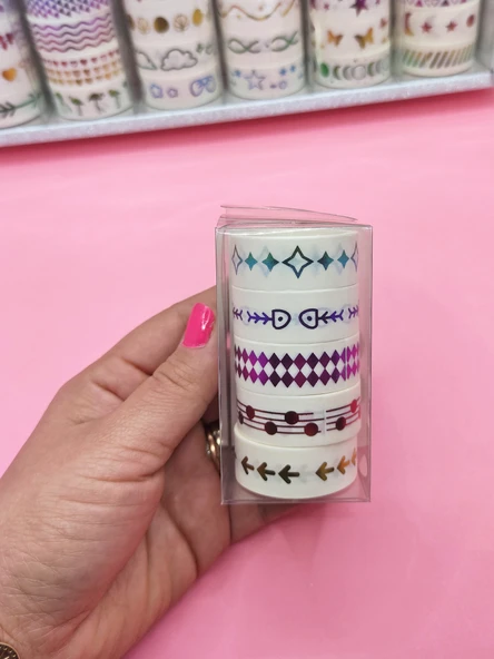 Renkli Yaldızlı Vintage Washi Tape Bant Yapışkanlı Maskeleme Kağıdı 5 lı - Işıltı ürün görseli 1