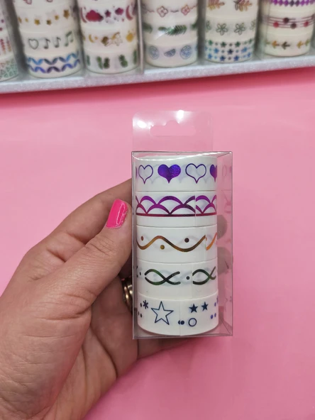 Renkli Yaldızlı Vintage Washi Tape Bant Yapışkanlı Maskeleme Kağıdı 5 lı - Yıldız ürün görseli 1