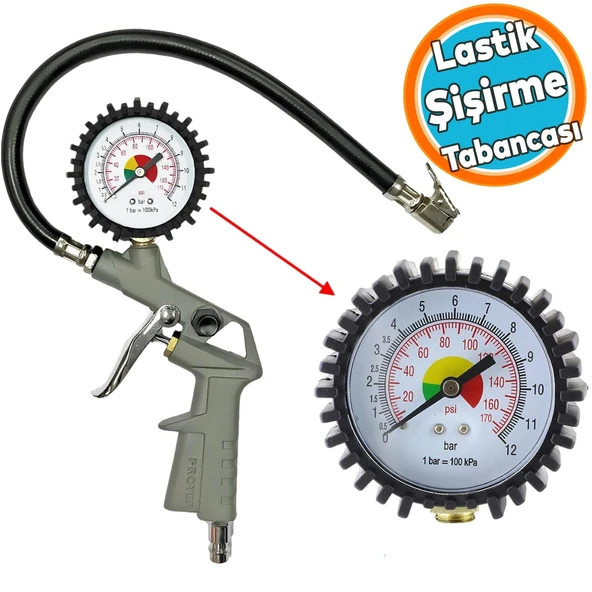 Basınç Göstergeli Lastik Şişirme Tabancası Saatli Jak Hortum ve Sibop Uyumlu Şambrel Tekerlek Hava ürün görseli 1