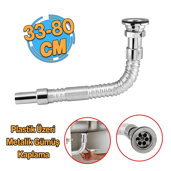 Klasik Standart Lavabo Evye Sifonu Uzun Plastik Körüklü Kıvrılabilir 33-80 cm Uzayabilir Krom Renk ürün görseli 1