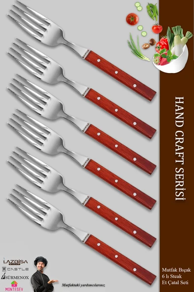 Hand Caft Serisi Mutfak Bıçak Çatal Paduk Sap 6'lı Steak Et Kahvaltı Yemek Çatalı (MFT-2547) ürün görseli 1