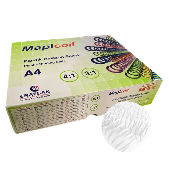 MAPİCOİL 3:1 PLASTİK HELEZON SPİRAL 50MM BEYAZ 50 AD. 36 LOP ürün görseli 1
