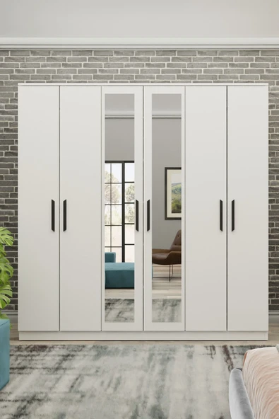 Metalia GM 081 Favorite 6 Kapılı Aynalı Beyaz Siyah Kulplu Gardırop ürün görseli 1