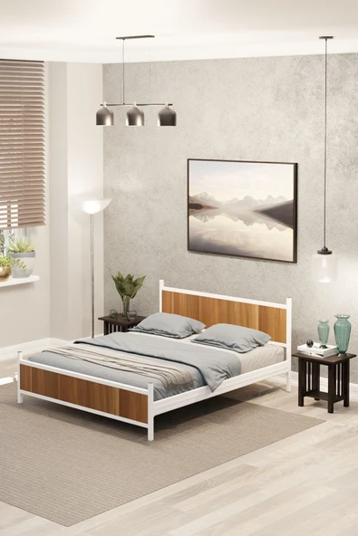 Metalia GM 305 Modern Çift Kişilik Ahşap Metal Beyaz Ceviz Karyola 160X200 ürün görseli 1