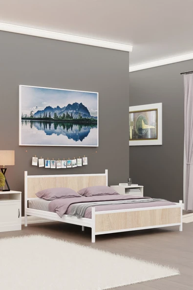 Metalia GM 305 Modern Çift Kişilik Ahşap Metal Beyaz Sonomo Karyola 150X200 ürün görseli 1