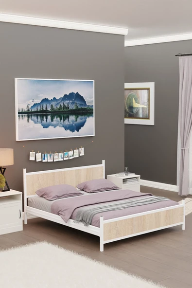 Metalia GM 305 Modern Çift Kişilik Ahşap Metal Beyaz Sonomo Karyola 160X200 ürün görseli 1