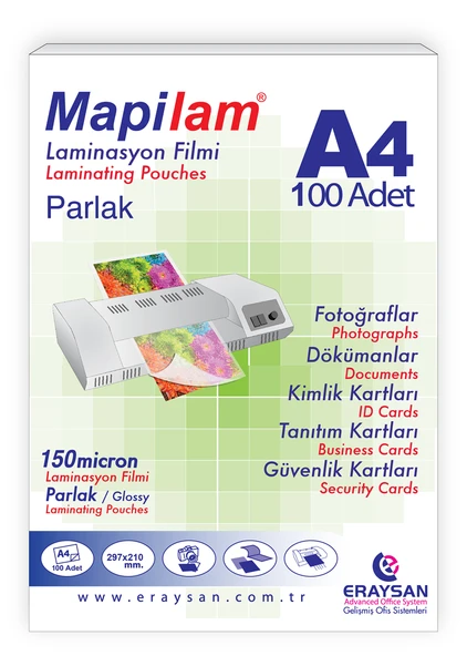 MAPİLAM 150 MİCRON PARLAK LAMİNASYON FİLMİ (A4) 100 LÜ ürün görseli 1