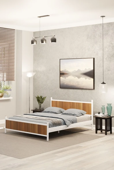 Metalia GM 305 Modern Çift Kişilik Ahşap Metal Beyaz Ceviz Karyola 140X190 ürün görseli 1