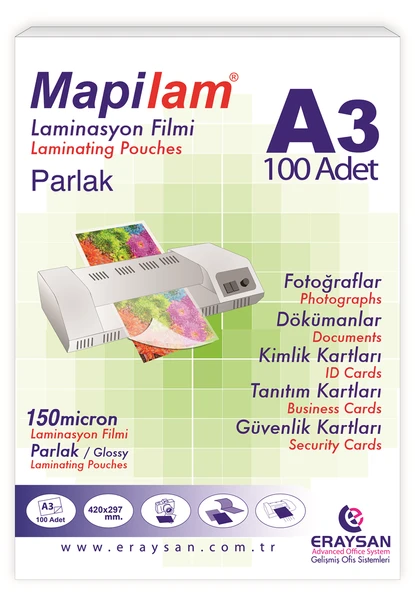 MAPİLAM 150 MİCRON PARLAK LAMİNASYON FİLMİ (A3) 100 LÜ ürün görseli 1